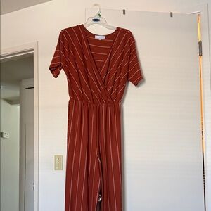 Chic Burnt Orange Striped Jumpsuit- Long